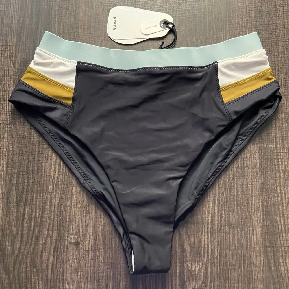 Prana Baja Bound High Rise Swim Bottom Womens M Black Colorblock Quick Dry Brief